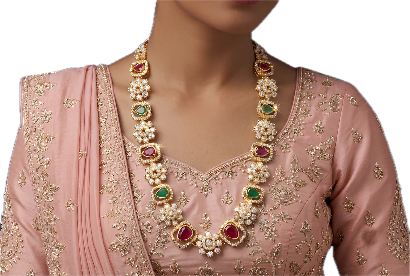 Model wearing the Pink & Green CZ Floral Necklace Set
